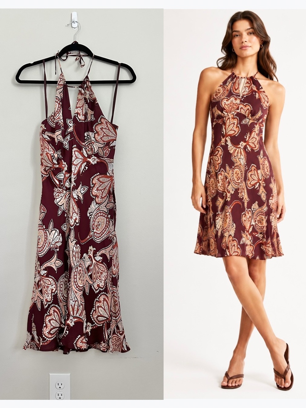 Ann Taylor LOFT Paisley Halter Slip Dress Size 10 Burgundy Silk Satin Mini Dress